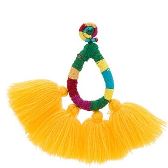 NWT Mochi Hallu Statement Tassel Woven Yellow Boho Fringe Crochet Big Earrings - Picture 6 of 14